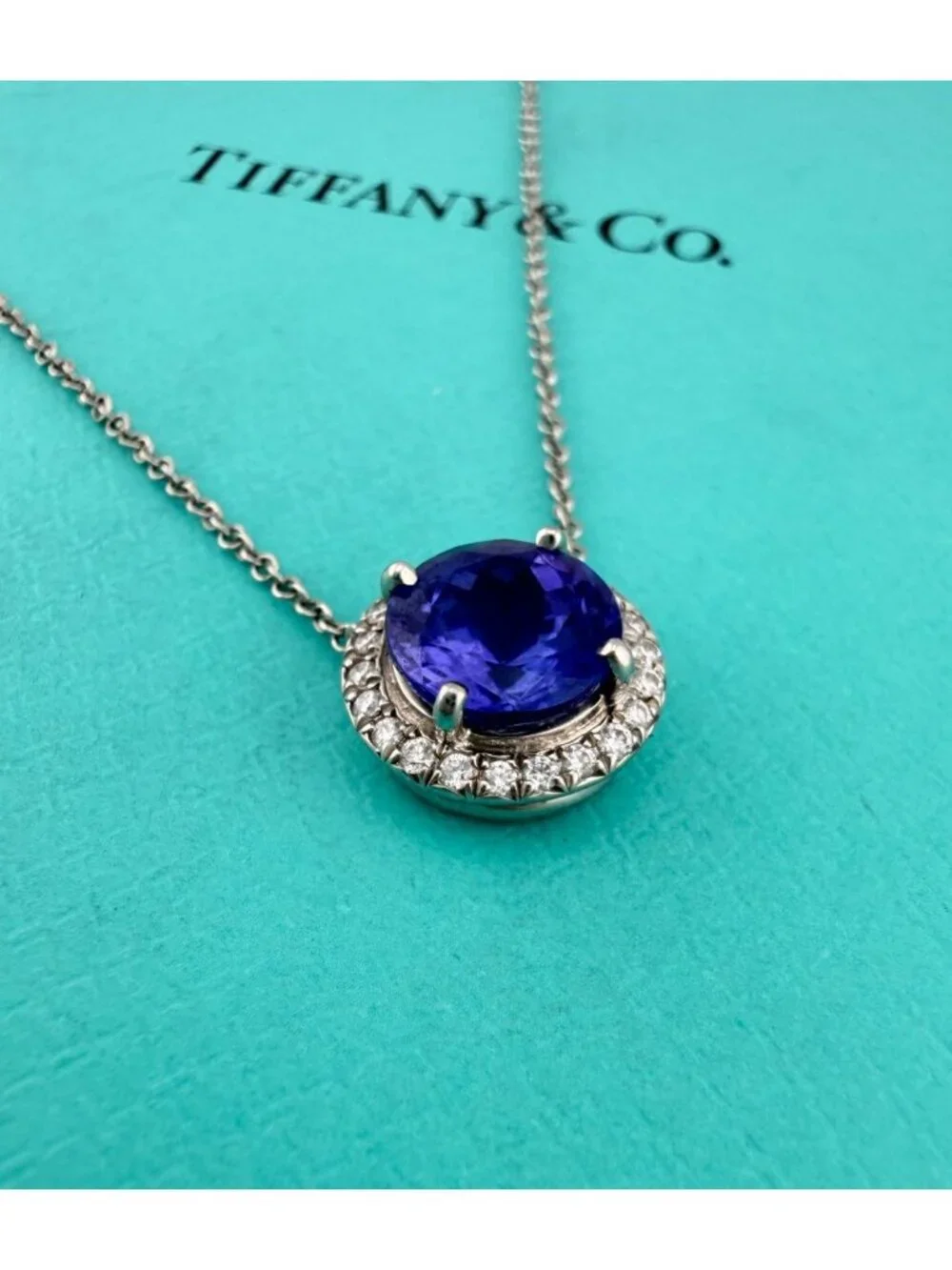 Tiffany & Co. Tanzanite Diamond Halo Solstice Necklace Platinum 16.25in